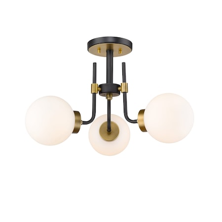 Z-Lite Parsons 3 Light Semi Flush Mount, Matte Black, Olde Brass & Opal 477-3SF-MB-OBR